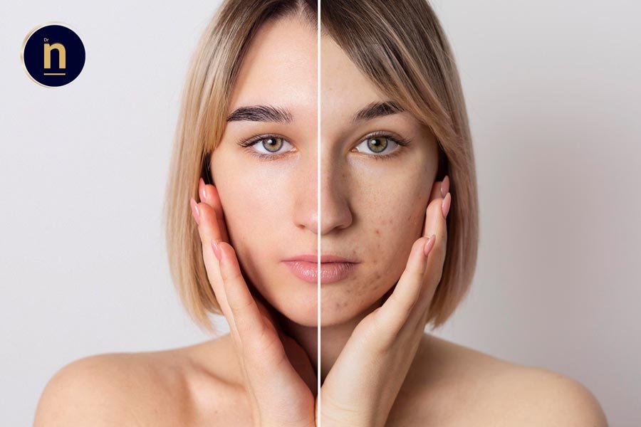 Antes y después de un tratamiento de peeling químico para suavizar y reducir marcas de acné.